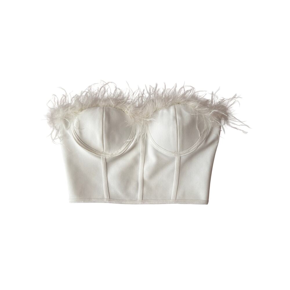 Superdown White Feather Trim Corset Top Bustier Strapless Crop NWT